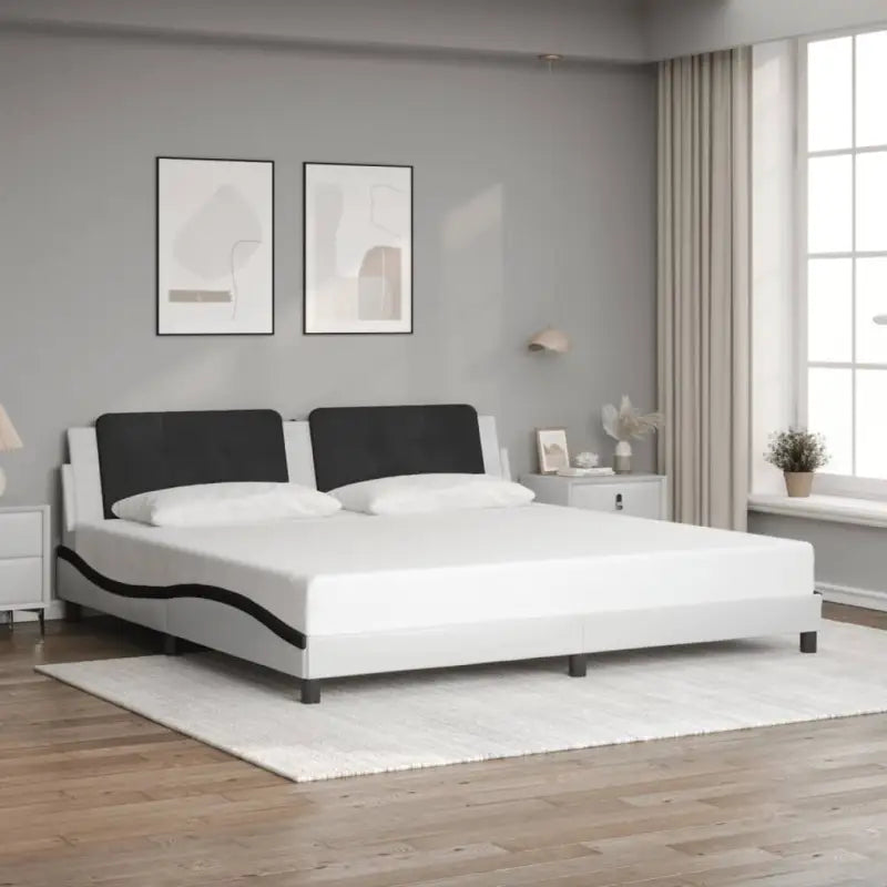 Bedframe met hoofdeinde in grijs materiaal en multiplex lattenbodem - Wit en zwart / 200 x 200 cm - Bedden & bedframes