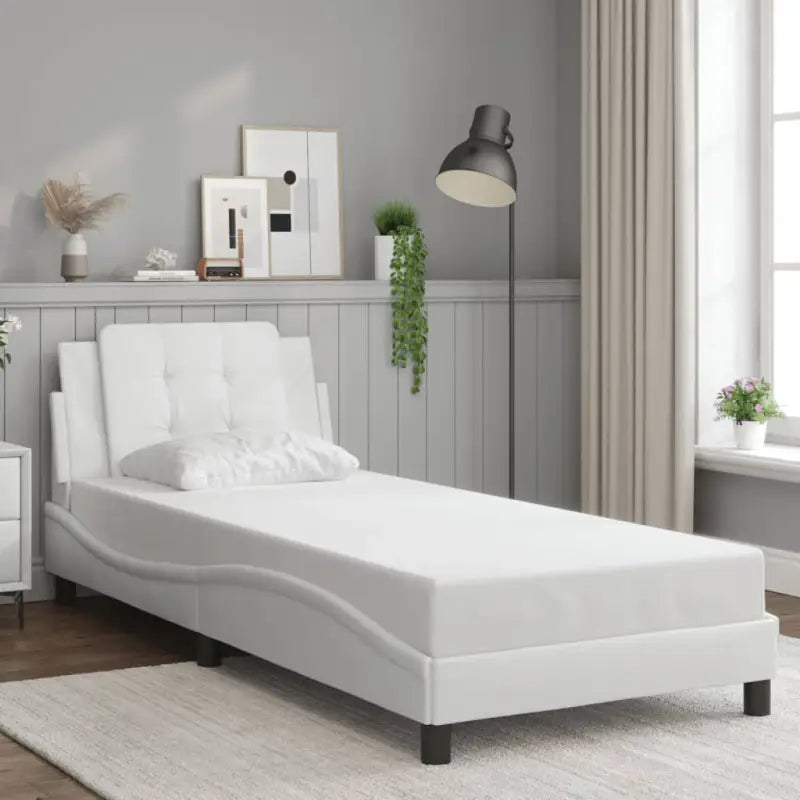 Bedframe met hoofdeinde in grijs materiaal en multiplex lattenbodem - Wit / 90 x 200 cm - Bedden & bedframes