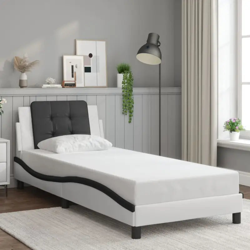 Bedframe met hoofdeinde in grijs materiaal en multiplex lattenbodem - Wit en zwart / 80 x 200 cm - Bedden & bedframes