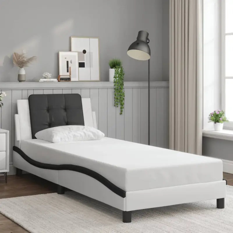 Bedframe met hoofdeinde in grijs materiaal en multiplex lattenbodem - Wit en zwart / 100 x 200 cm - Bedden & bedframes