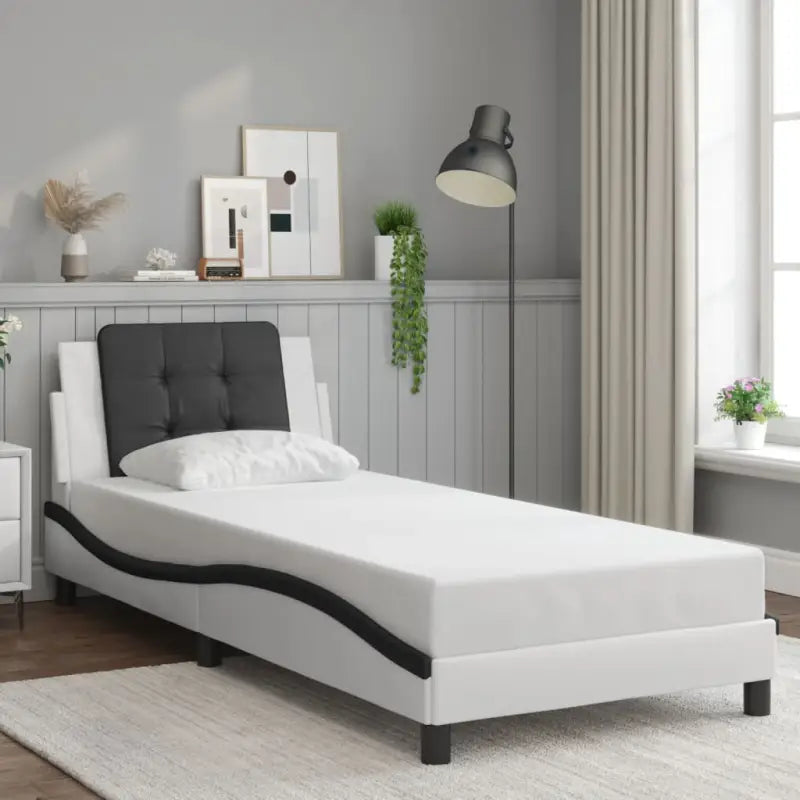 Bedframe met hoofdeinde in grijs materiaal en multiplex lattenbodem - Wit en zwart / 90 x 190 cm - Bedden & bedframes
