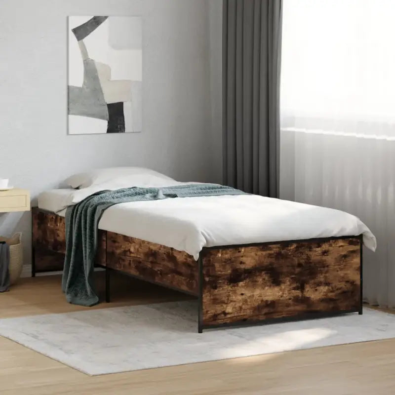 Bedframe met metalen poten en multiplex lattenbodem in grijs sonoma eiken - Gerookt eiken / 90 x 190 cm - Bedden &