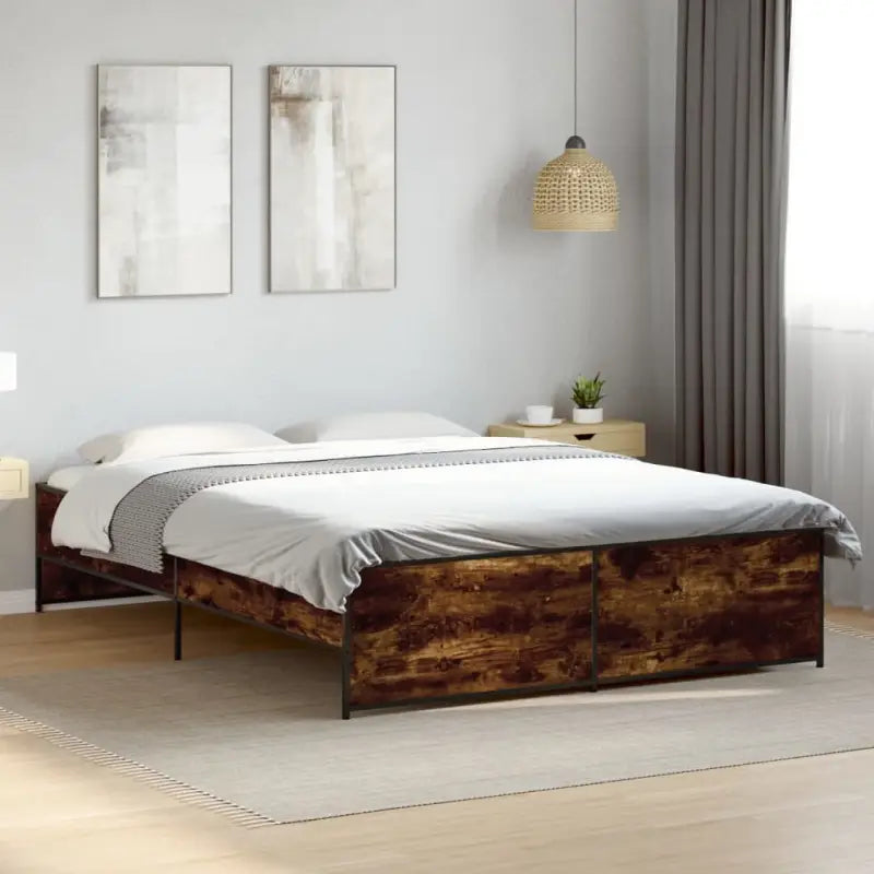 Bedframe met metalen poten en multiplex lattenbodem in grijs sonoma eiken - Gerookt eiken / 140 x 200 cm - Bedden &