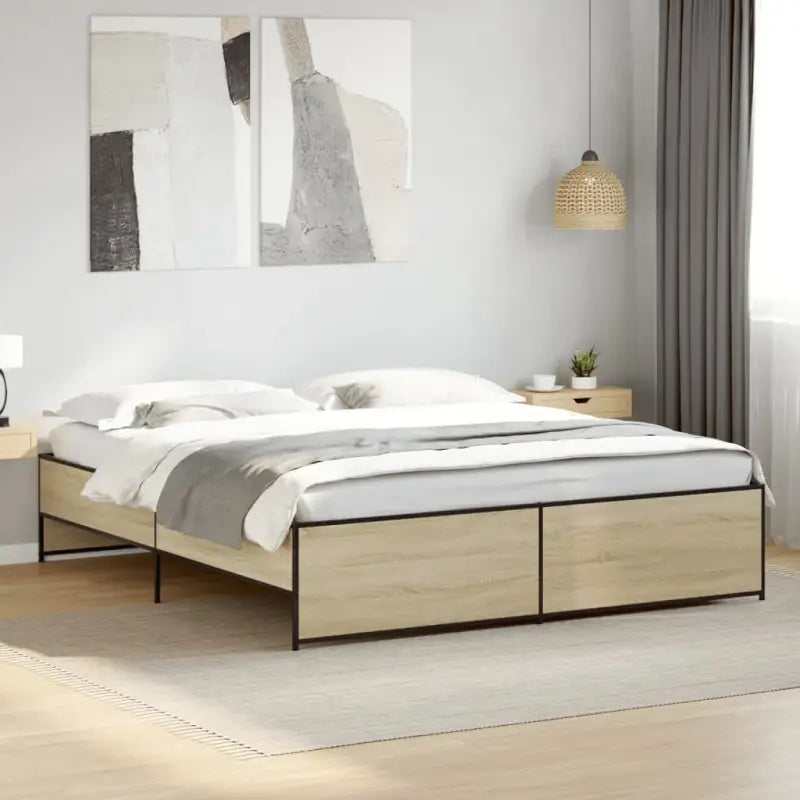 Bedframe met metalen poten en multiplex lattenbodem in grijs sonoma eiken - Sonoma eiken / 200 x 200 cm - Bedden &