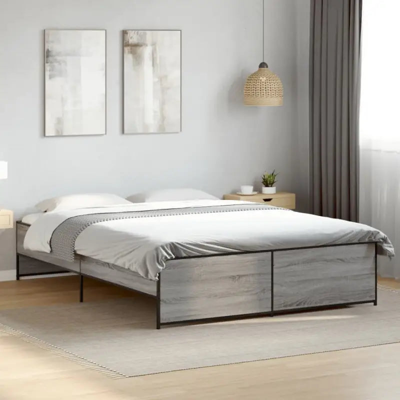Bedframe met metalen poten en multiplex lattenbodem in grijs sonoma eiken - Grijs sonoma / 150 x 200 cm - Bedden &