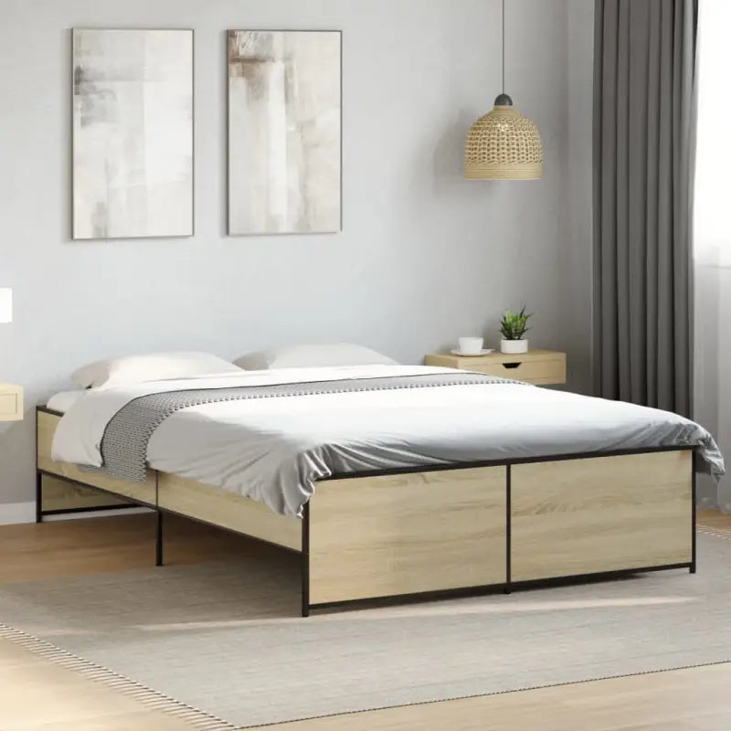 Bedframe met metalen poten en multiplex lattenbodem in grijs sonoma eiken - Sonoma eiken / 120 x 200 cm - Bedden &