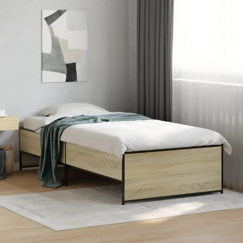 Bedframe met metalen poten en multiplex lattenbodem in grijs sonoma eiken - Sonoma eiken / 90 x 190 cm - Bedden &