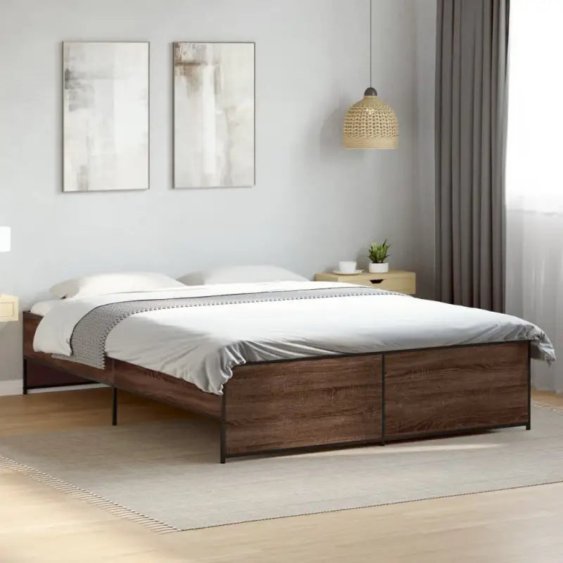 Bedframe met metalen poten en multiplex lattenbodem in grijs sonoma eiken - bruin eikenkleur / 140 x 200 cm - Bedden &