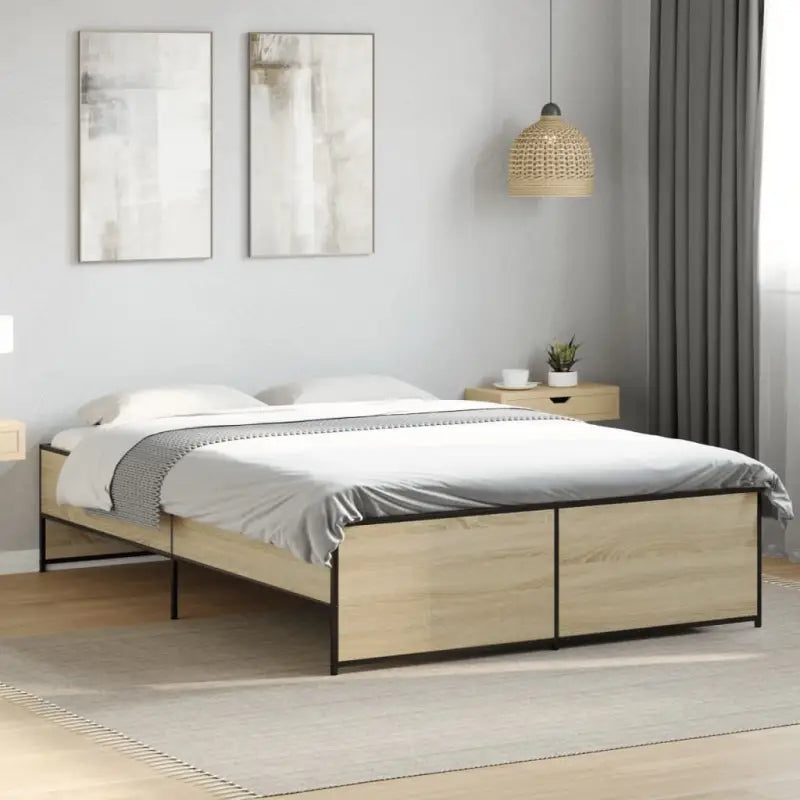 Bedframe met metalen poten en multiplex lattenbodem in grijs sonoma eiken - Sonoma eiken / 135 x 190 cm - Bedden &