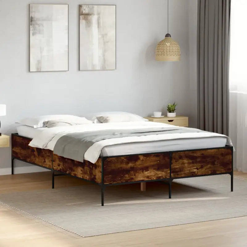 Bedframe met metalen poten en multiplex lattenbodem van bewerkt hout - Gerookt eiken / 120 x 200 cm / 44 cm - Bedden &