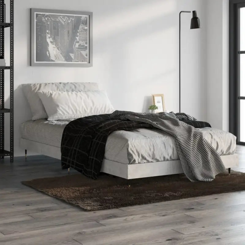 Bedframe met metalen poten en multiplex lattenbodem van bewerkt hout - Betongrijs / 90 x 190 cm - Bedden & bedframes