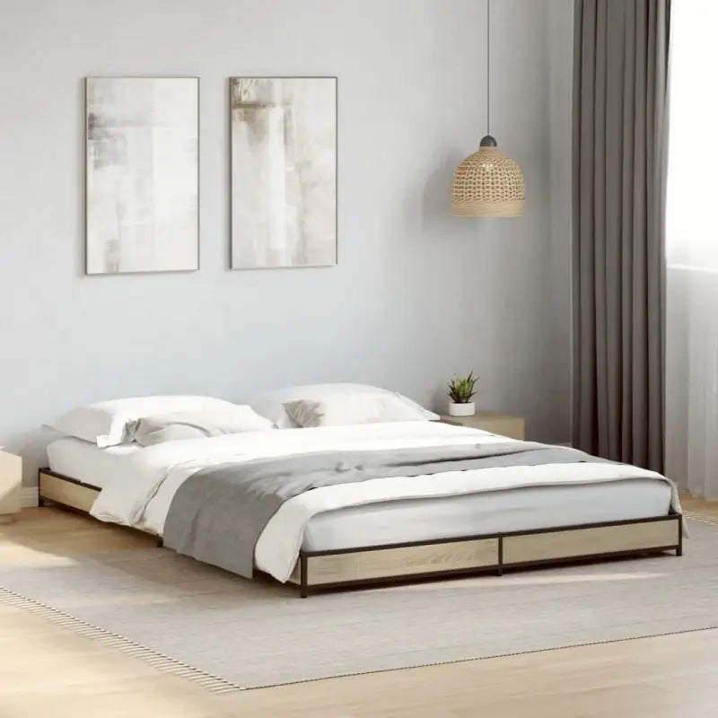 Bedframe met metalen poten en multiplex lattenbodem van bewerkt hout - Sonoma eiken / 135 x 190 cm / 14.5 cm - Bedden &