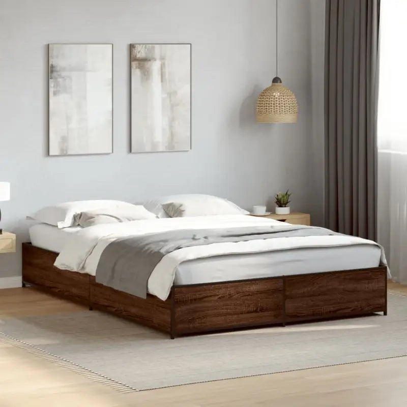 Bedframe met metalen poten en multiplex lattenbodem van bewerkt hout - bruin eikenkleur / 140 x 200 cm / 29 cm - Bedden