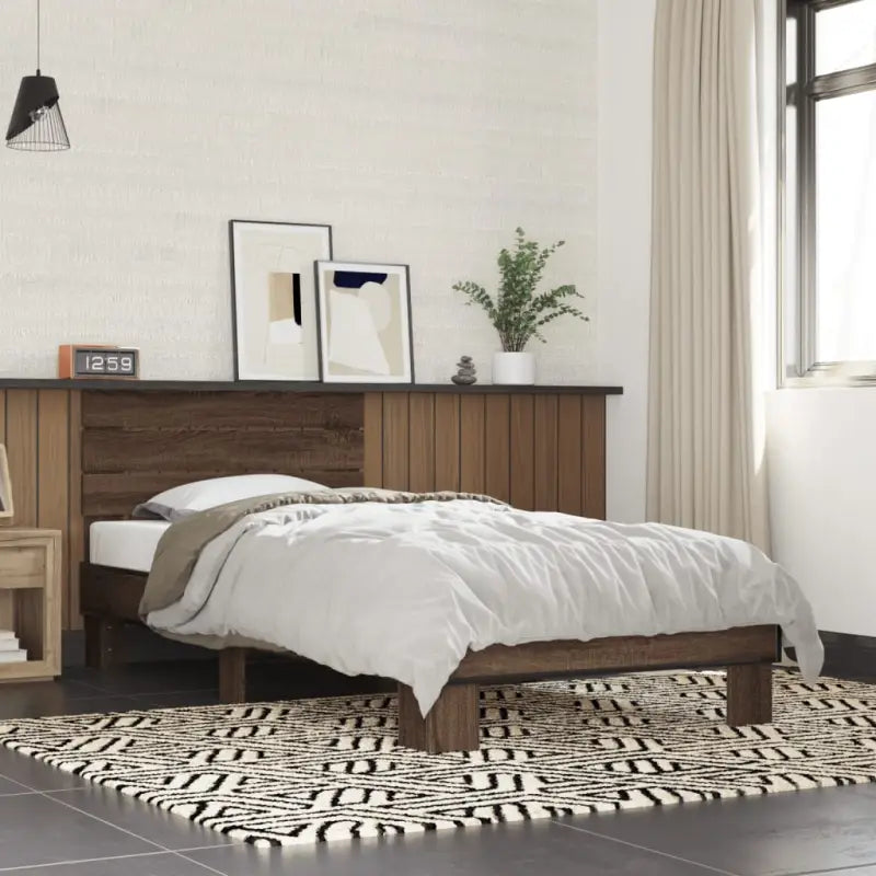 Bedframe met metalen poten en multiplex lattenbodem van bewerkt hout - bruin eikenkleur / 90 x 200 cm - Bedden &