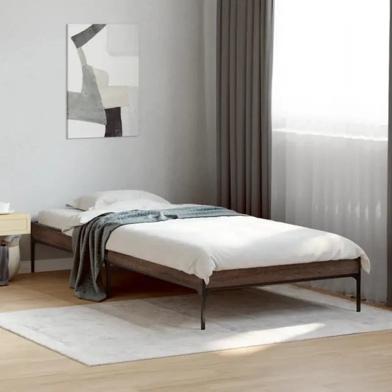 Bedframe met metalen poten en multiplex lattenbodem van bewerkt hout - bruin eikenkleur / 100 x 200 cm / 30 cm - Bedden