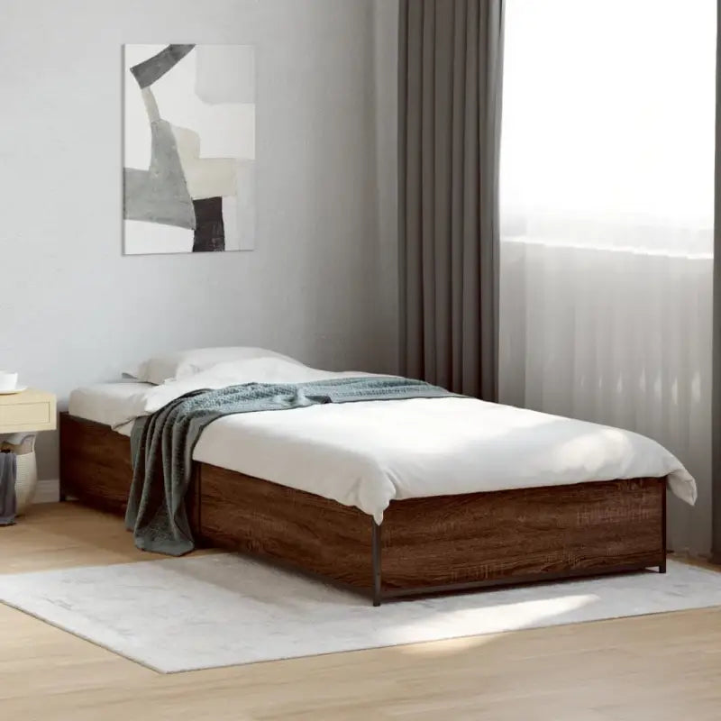 Bedframe met metalen poten en multiplex lattenbodem van bewerkt hout - bruin eikenkleur / 90 x 190 cm / 29 cm - Bedden