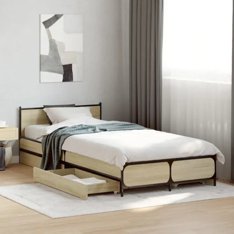Bedframe met metalen poten en multiplex lattenbodem van bewerkt hout - Sonoma eiken / 100 x 200 cm - Bedden & bedframes