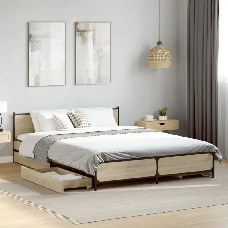 Bedframe met metalen poten en multiplex lattenbodem van bewerkt hout - Sonoma eiken / 135 x 190 cm - Bedden & bedframes
