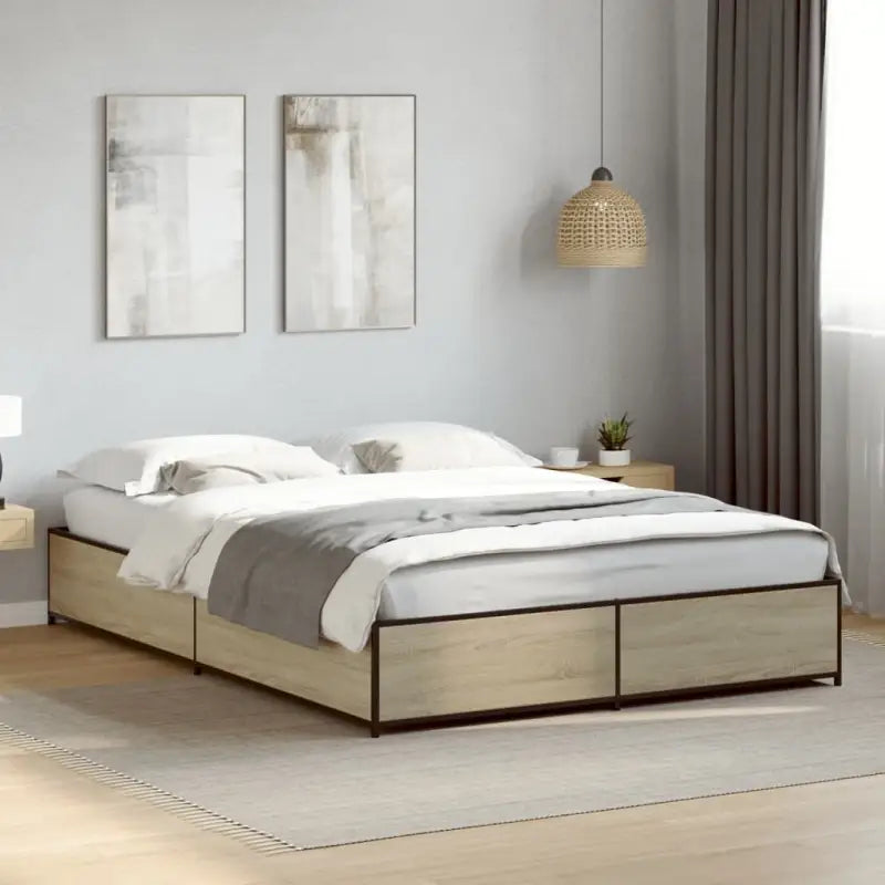 Bedframe met metalen poten en multiplex lattenbodem van bewerkt hout - Sonoma eiken / 135 x 190 cm / 29 cm - Bedden &