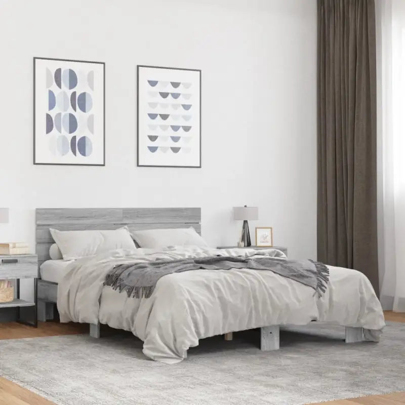 Bedframe met metalen poten en multiplex lattenbodem van bewerkt hout - Grijs sonoma / 140 x 200 cm - Bedden & bedframes