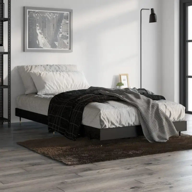 Bedframe met metalen poten en multiplex lattenbodem van bewerkt hout - Zwart / 90 x 200 cm - Bedden & bedframes