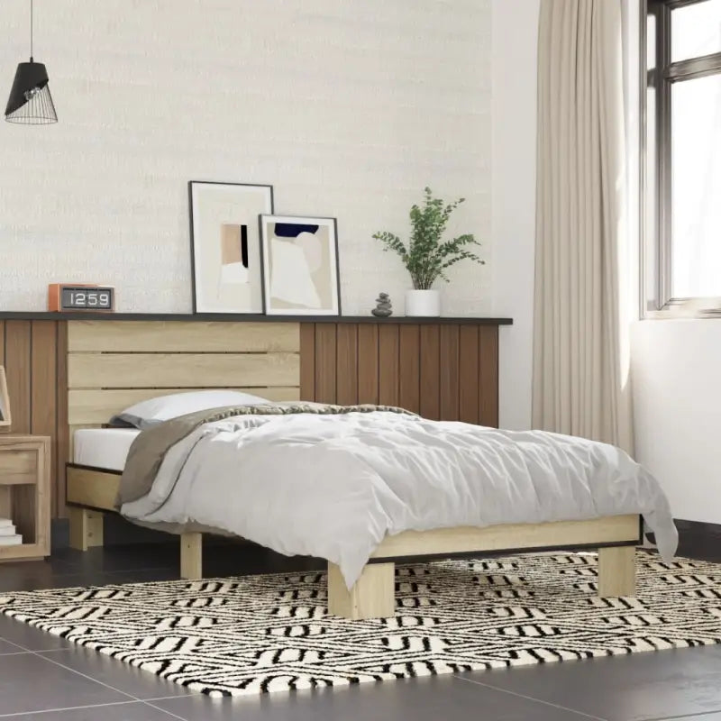 Bedframe met metalen poten en multiplex lattenbodem van bewerkt hout - Sonoma eiken / 90 x 200 cm - Bedden & bedframes