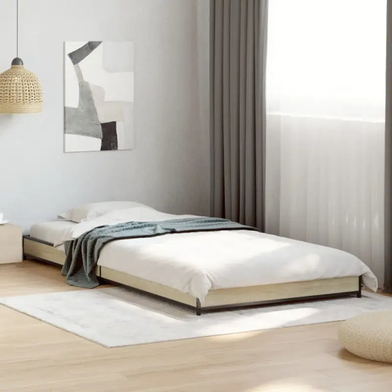 Bedframe met metalen poten en multiplex lattenbodem van bewerkt hout - Sonoma eiken / 100 x 200 cm / 14.5 cm - Bedden &