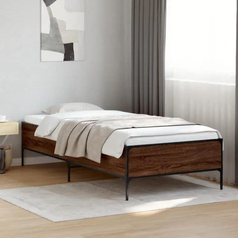 Bedframe met metalen poten en multiplex lattenbodem van bewerkt hout - bruin eikenkleur / 75 x 190 cm / 44 cm - Bedden