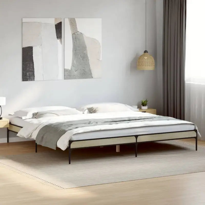 Bedframe met metalen poten en multiplex lattenbodem van bewerkt hout - Sonoma eiken / 200 x 200 cm / 30 cm - Bedden &