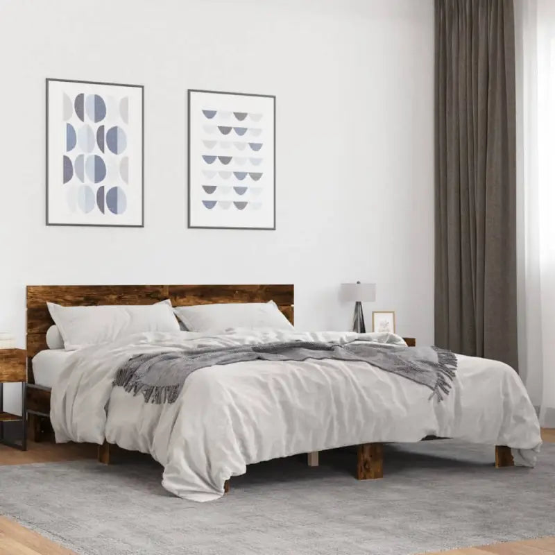 Bedframe met metalen poten en multiplex lattenbodem van bewerkt hout - Gerookt eiken / 160 x 200 cm - Bedden & bedframes