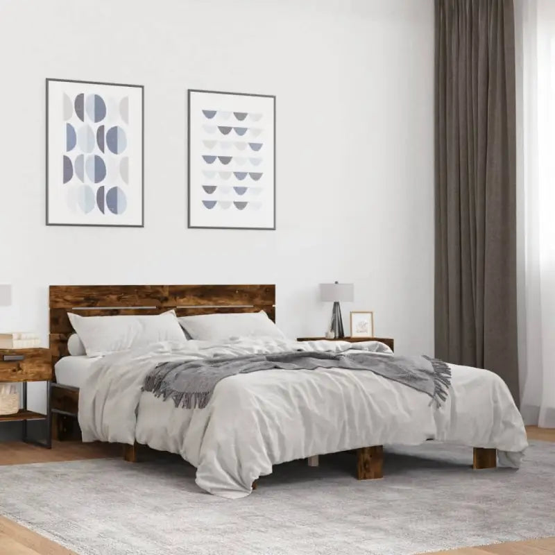 Bedframe met metalen poten en multiplex lattenbodem van bewerkt hout - Gerookt eiken / 120 x 190 cm - Bedden & bedframes