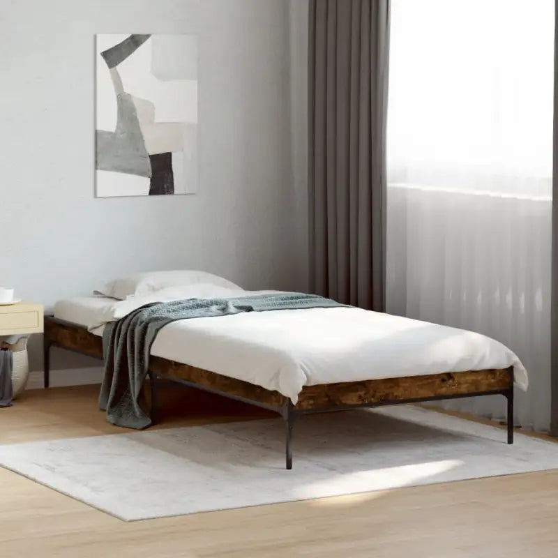 Bedframe met metalen poten en multiplex lattenbodem van bewerkt hout - Gerookt eiken / 100 x 200 cm / 30 cm - Bedden &