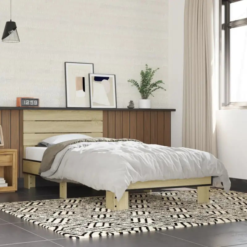 Bedframe met metalen poten en multiplex lattenbodem van bewerkt hout - Sonoma eiken / 75 x 190 cm - Bedden & bedframes