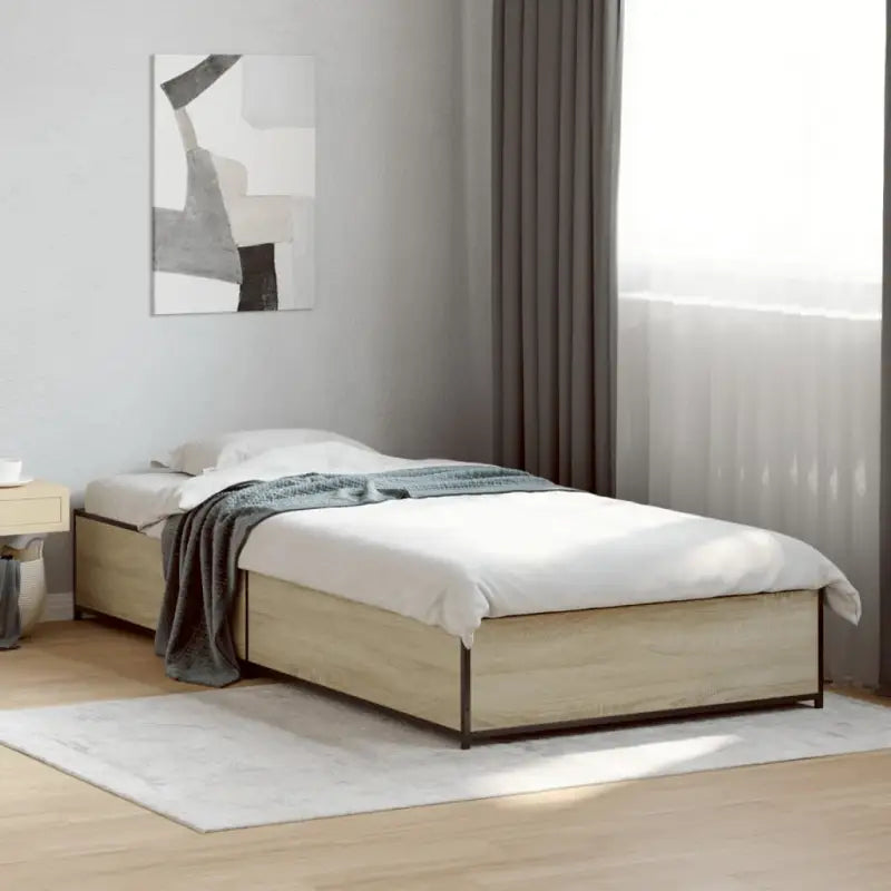 Bedframe met metalen poten en multiplex lattenbodem van bewerkt hout - Sonoma eiken / 75 x 190 cm / 29 cm - Bedden &