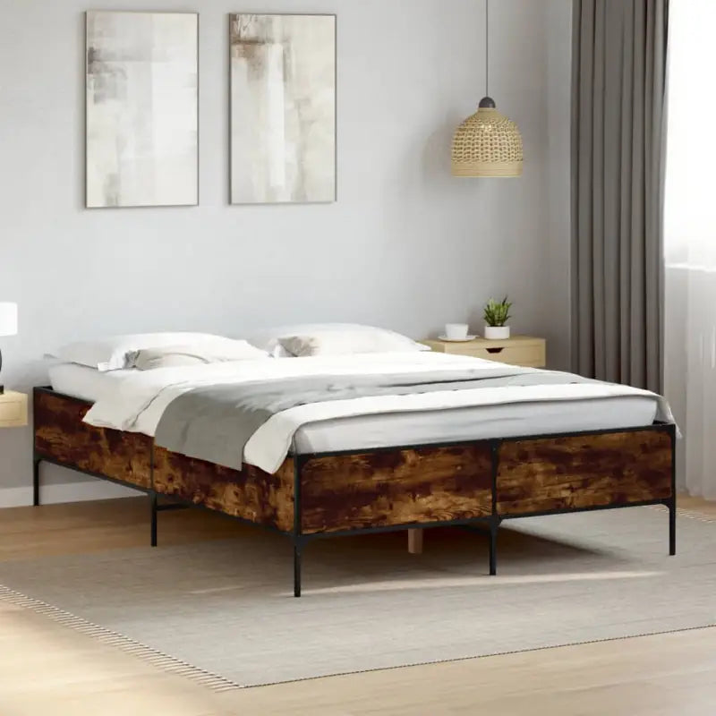 Bedframe met metalen poten en multiplex lattenbodem van bewerkt hout - Gerookt eiken / 140 x 200 cm / 44 cm - Bedden &
