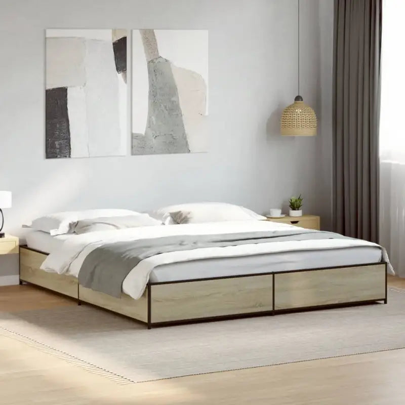 Bedframe met metalen poten en multiplex lattenbodem van bewerkt hout - Sonoma eiken / 200 x 200 cm / 29 cm - Bedden &