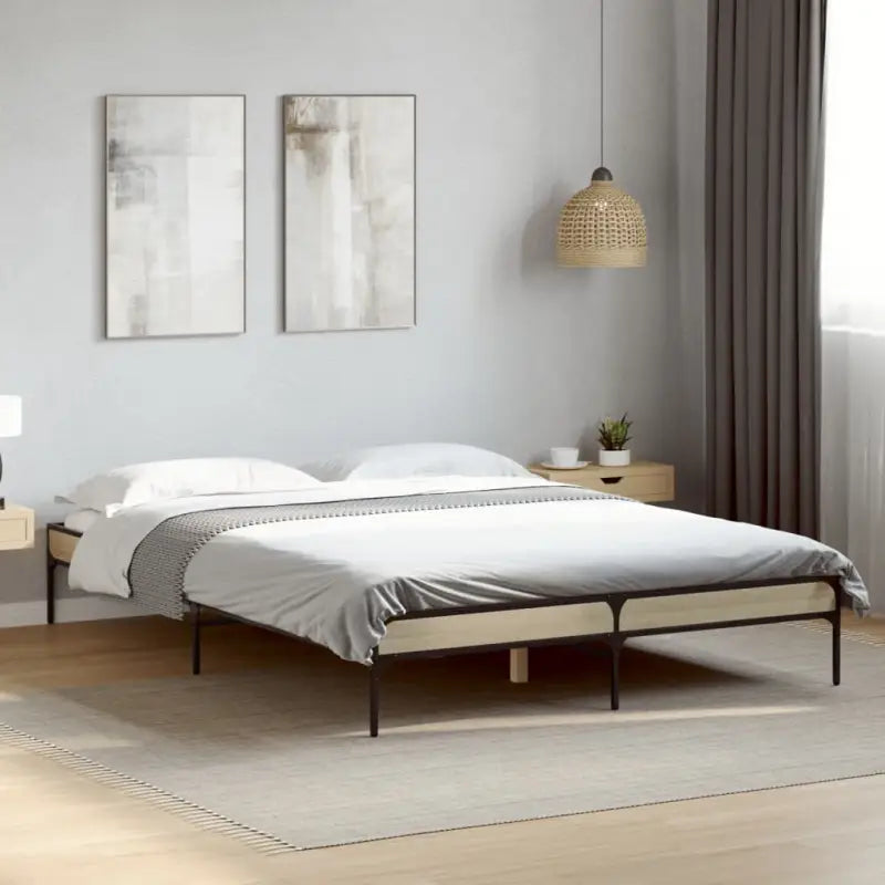 Bedframe met metalen poten en multiplex lattenbodem van bewerkt hout - Sonoma eiken / 120 x 190 cm / 30 cm - Bedden &