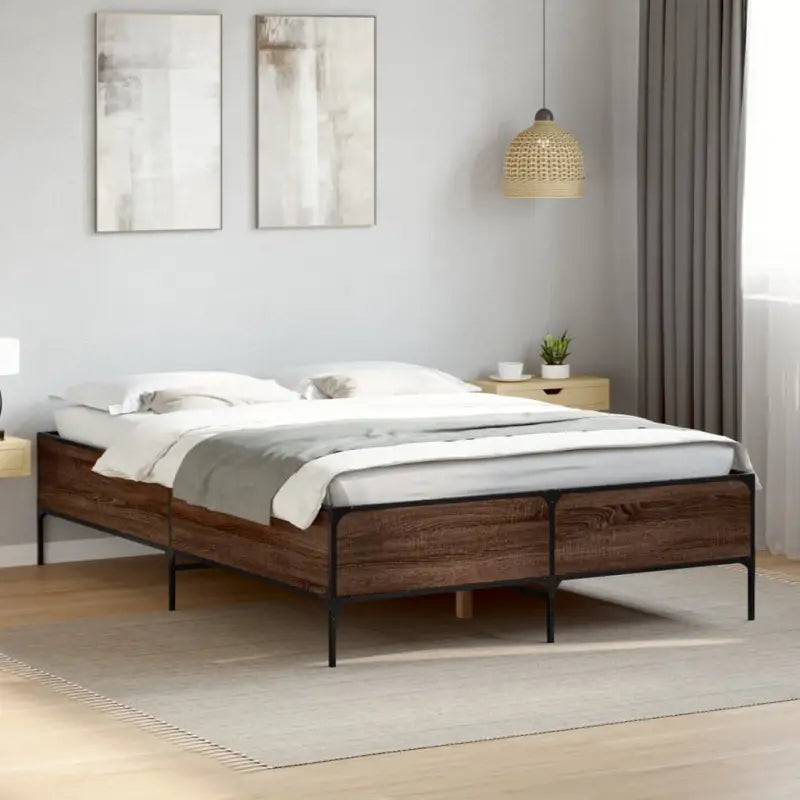 Bedframe met metalen poten en multiplex lattenbodem van bewerkt hout - bruin eikenkleur / 120 x 200 cm / 44 cm - Bedden