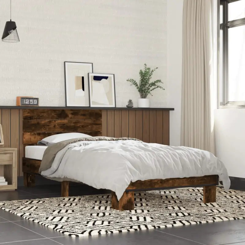 Bedframe met metalen poten en multiplex lattenbodem van bewerkt hout - Gerookt eiken / 90 x 200 cm - Bedden & bedframes