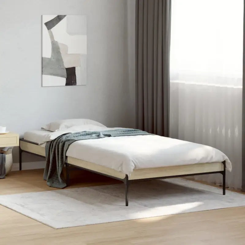 Bedframe met metalen poten en multiplex lattenbodem van bewerkt hout - Sonoma eiken / 90 x 200 cm / 30 cm - Bedden &