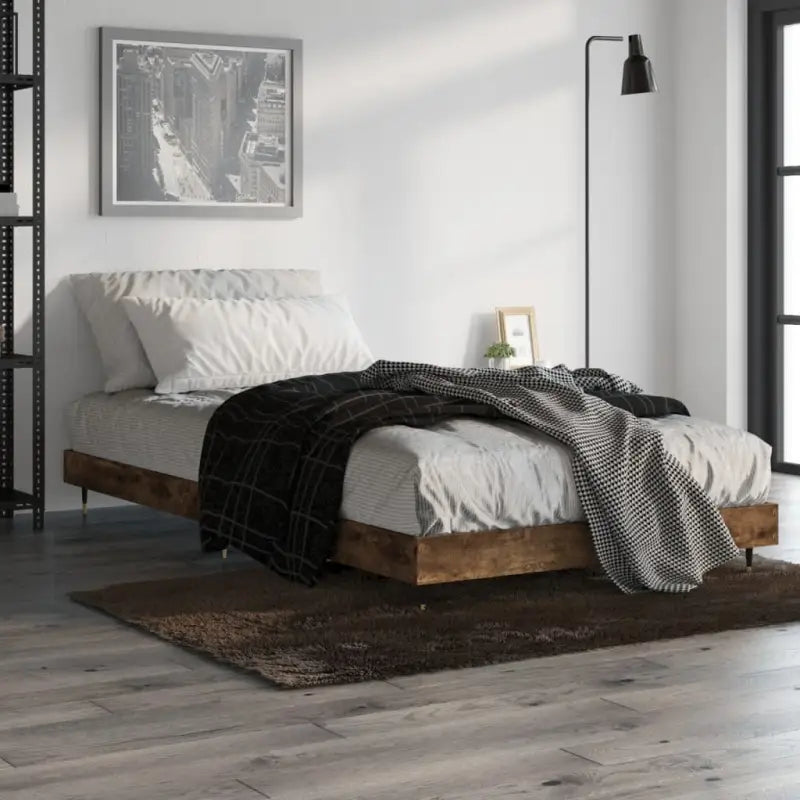 Bedframe met metalen poten en multiplex lattenbodem van bewerkt hout - Gerookt eiken / 100 x 200 cm - Bedden & bedframes
