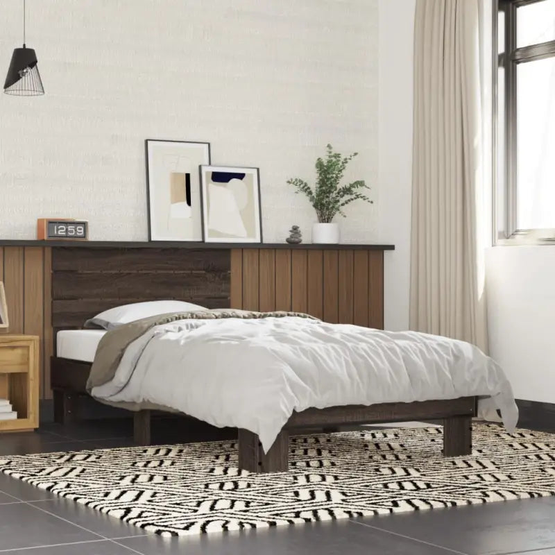 Bedframe met metalen poten en multiplex lattenbodem van bewerkt hout - bruin eikenkleur / 90 x 190 cm - Bedden &