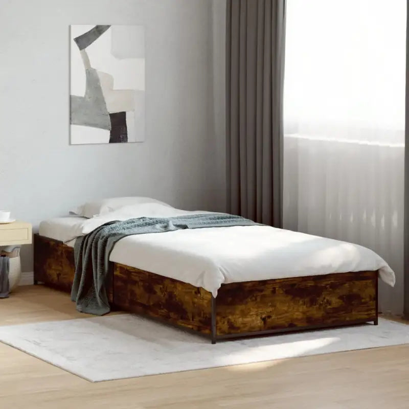 Bedframe met metalen poten en multiplex lattenbodem van bewerkt hout - Gerookt eiken / 100 x 200 cm / 29 cm - Bedden &