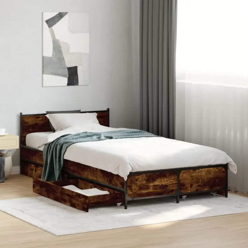 Bedframe met metalen poten en multiplex lattenbodem van bewerkt hout - Gerookt eiken / 75 x 190 cm - Bedden & bedframes