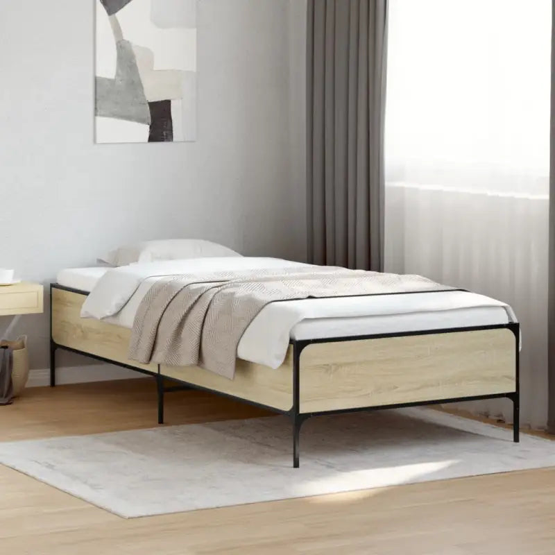 Bedframe met metalen poten en multiplex lattenbodem van bewerkt hout - Sonoma eiken / 75 x 190 cm / 44 cm - Bedden &