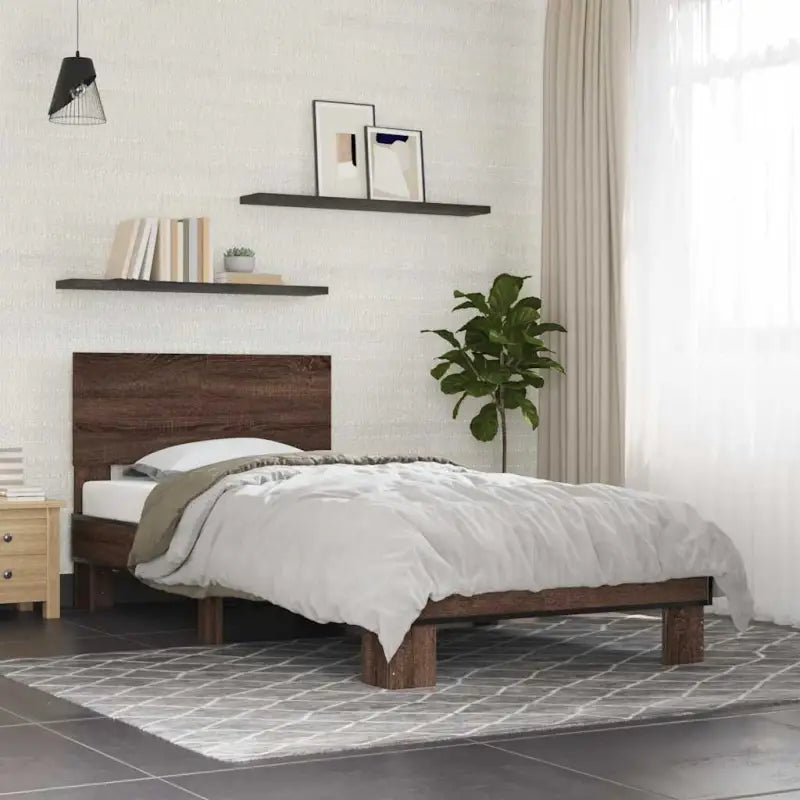 Bedframe met multiplex lattenbodem en bewerkt hout voor een goede nachtrust - bruin eikenkleur / 75 x 190 cm - Bedden &