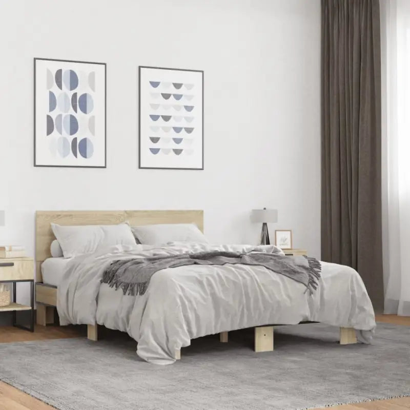 Bedframe met multiplex lattenbodem en bewerkt hout voor een goede nachtrust - Sonoma eiken / 120 x 200 cm - Bedden &