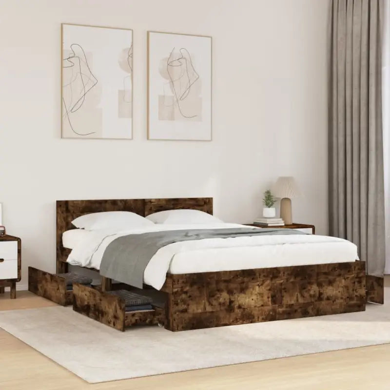 Bedframe van bewerkt hout voor een comfortabele slaapkamer - Gerookt eiken / 135 x 190 cm - Bedden & bedframes