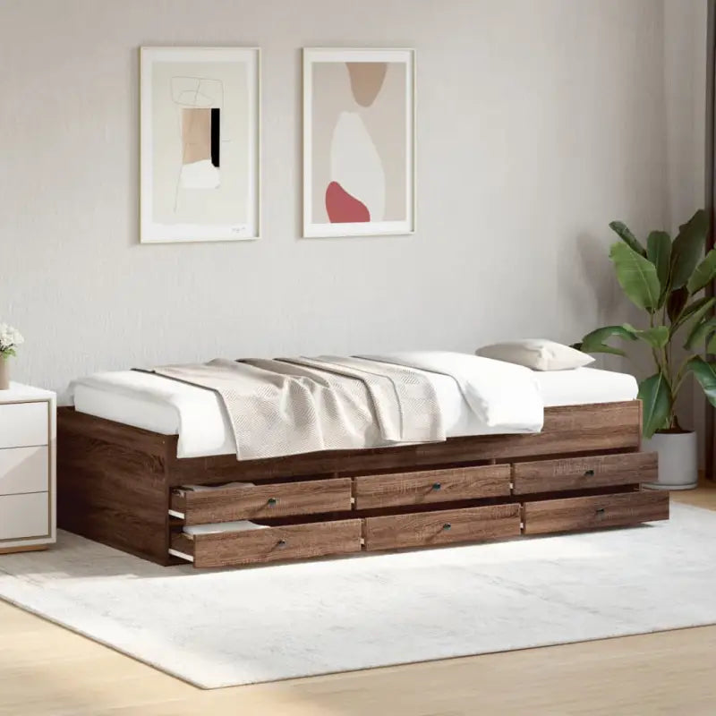 Bewerk hout 2-in-1 slaapbank met lades levering bevat - bruin eikenkleur / 75 x 190 cm - Bedden & bedframes