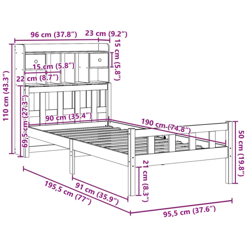 Boekenkastbed in massief grenenhout met perfecte totale afmetingen - Bedden & bedframes